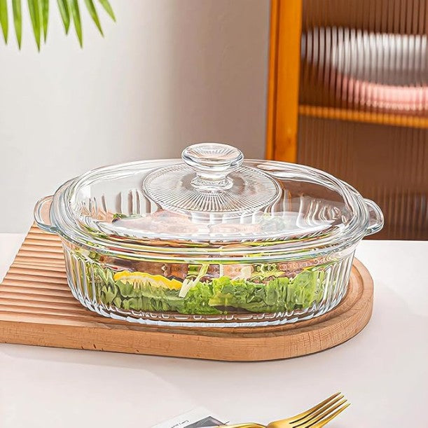 HOME BRAND Crystal Glass Casserole with Lid | 1.3 Litre Heat-Resistant Glass Hot Pot | Transparent Glass Cookware for Kitchen | Serving | Microwave Safe | Oven Safe | Stylish Dinnerware