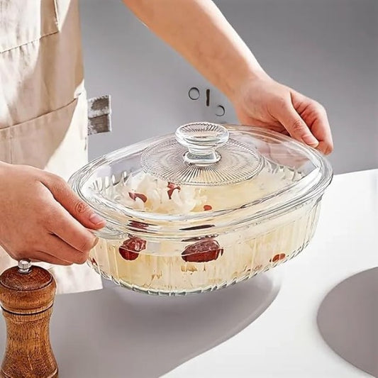 HOME BRAND Crystal Glass Casserole with Lid | 1.3 Litre Heat-Resistant Glass Hot Pot | Transparent Glass Cookware for Kitchen | Serving | Microwave Safe | Oven Safe | Stylish Dinnerware